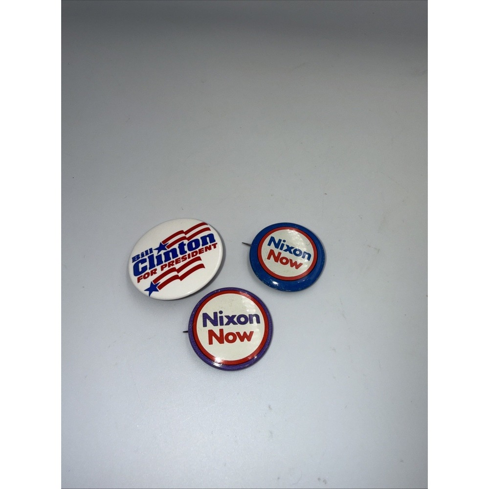 Nixon Presidential Campaign Pins Nixon Now Two 1" Round Metal +Clinton 3 Pins